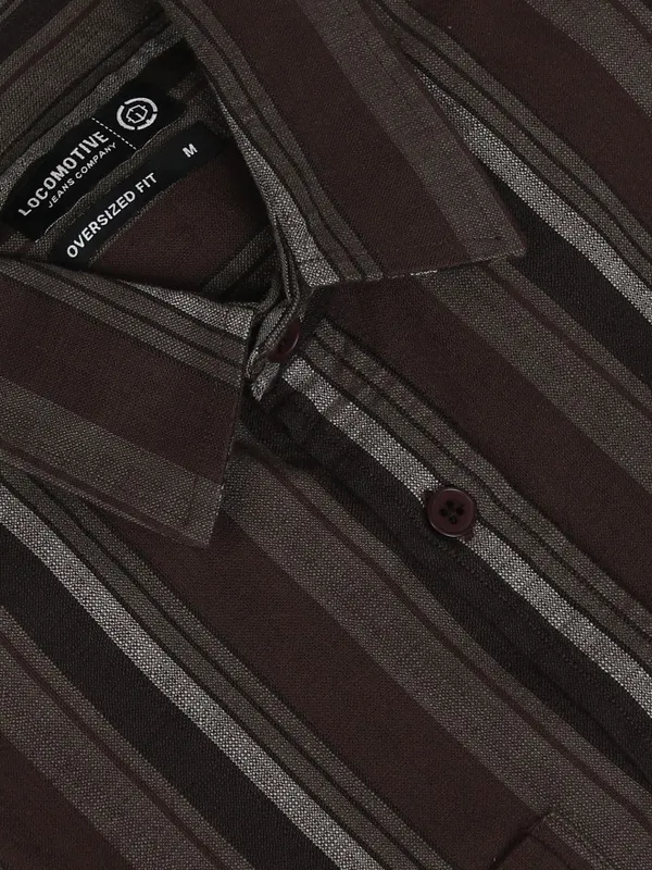 Locomotive Men Brown Striped Oversized Fit Casual Shirt
