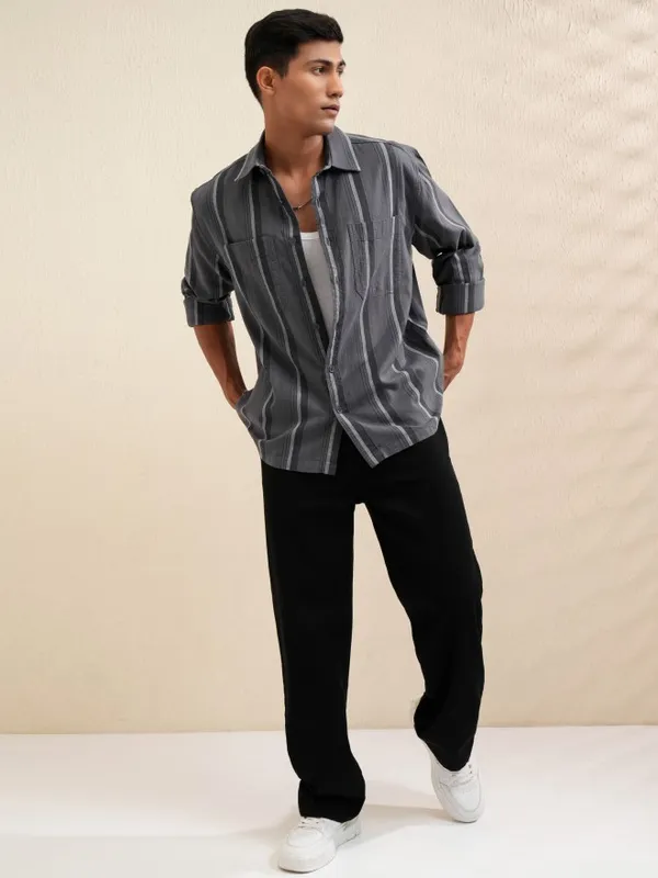 Locomotive Men Grey Striped Oversized Fit Casual Shirt