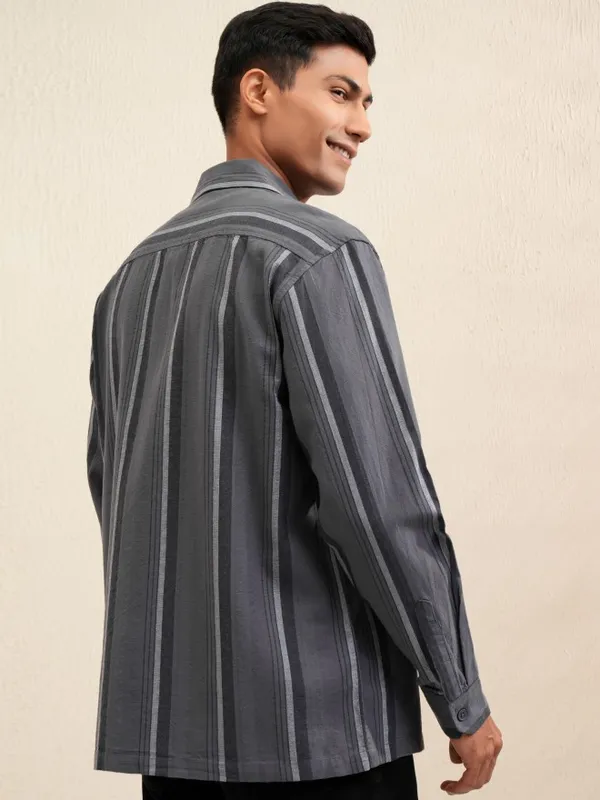Locomotive Men Grey Striped Oversized Fit Casual Shirt