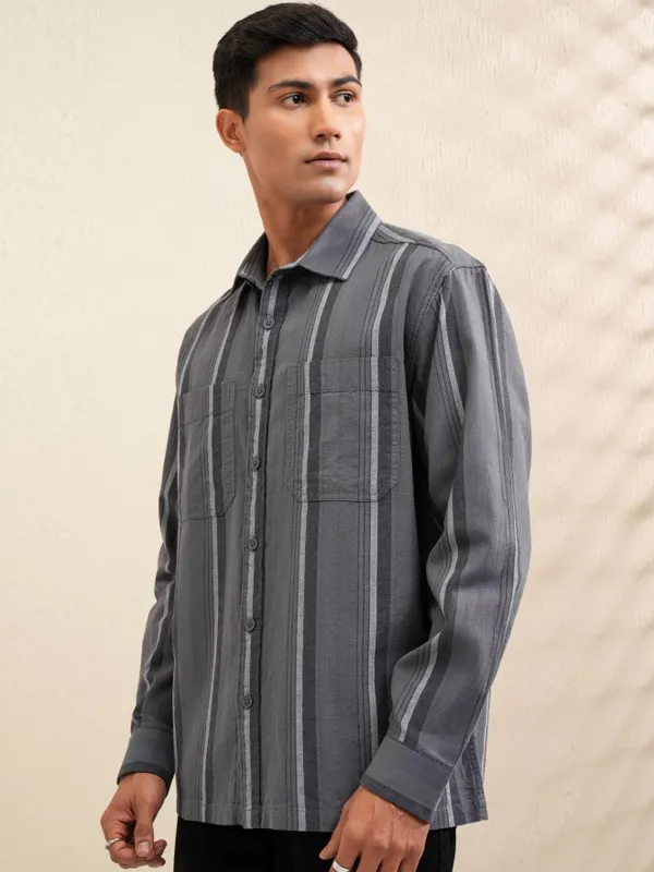 Locomotive Men Grey Striped Oversized Fit Casual Shirt