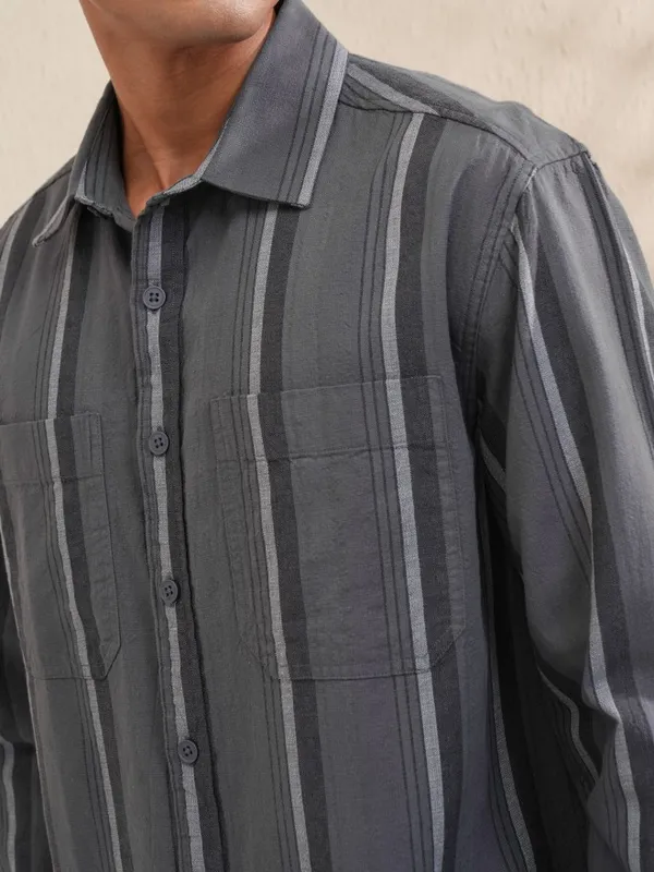 Locomotive Men Grey Striped Oversized Fit Casual Shirt