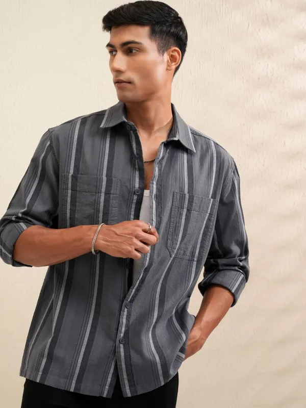 Locomotive Men Grey Striped Oversized Fit Casual Shirt