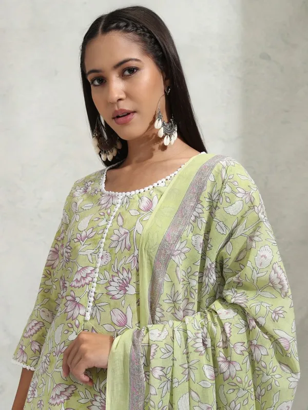 Vishudh Women Dusty Green Printed Staright Kurta With Trouser And Dupatta