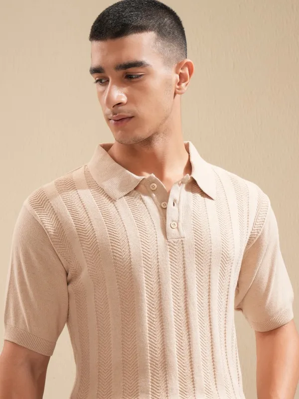 Highlander Men Beige Self Design Polo Collar T-Shirt