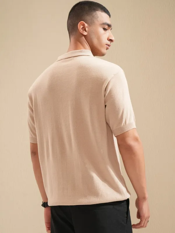 Highlander Men Beige Self Design Polo Collar T-Shirt