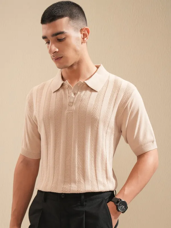 Highlander Men Beige Self Design Polo Collar T-Shirt