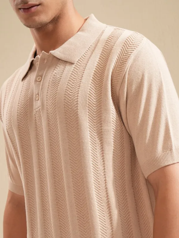 Highlander Men Beige Self Design Polo Collar T-Shirt