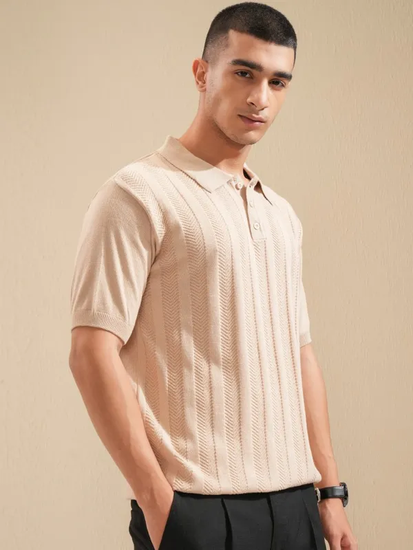 Highlander Men Beige Self Design Polo Collar T-Shirt