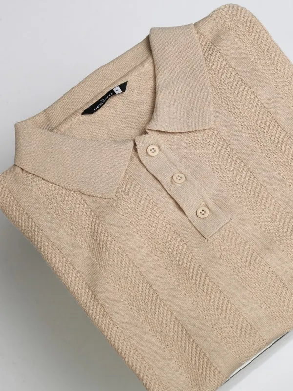 Highlander Men Beige Self Design Polo Collar T-Shirt