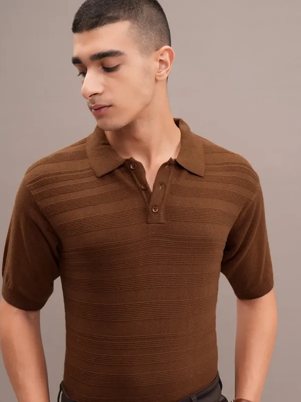 Highlander Men Orange Self Design Polo Collar T-Shirt