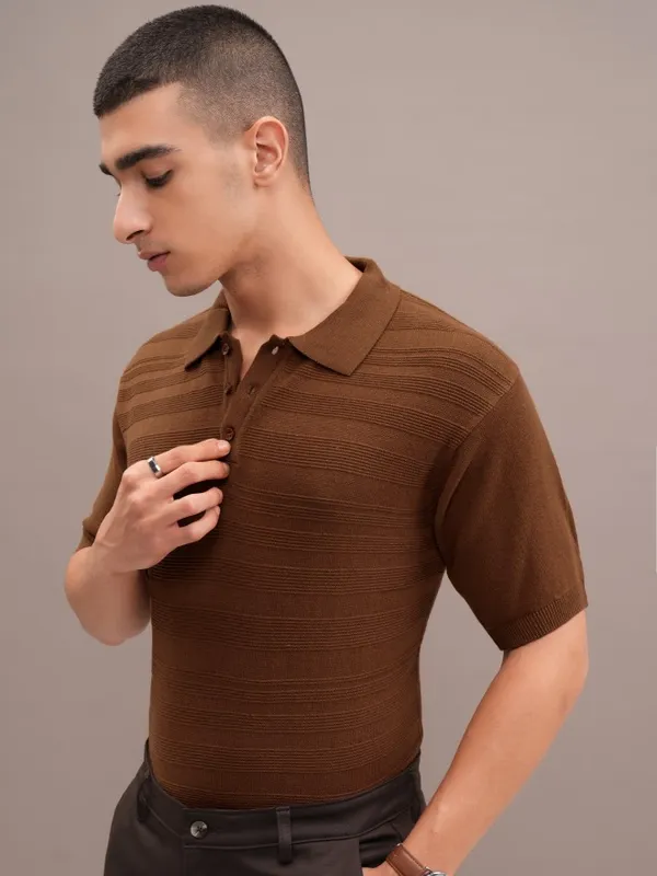 Highlander Men Orange Self Design Polo Collar T-Shirt