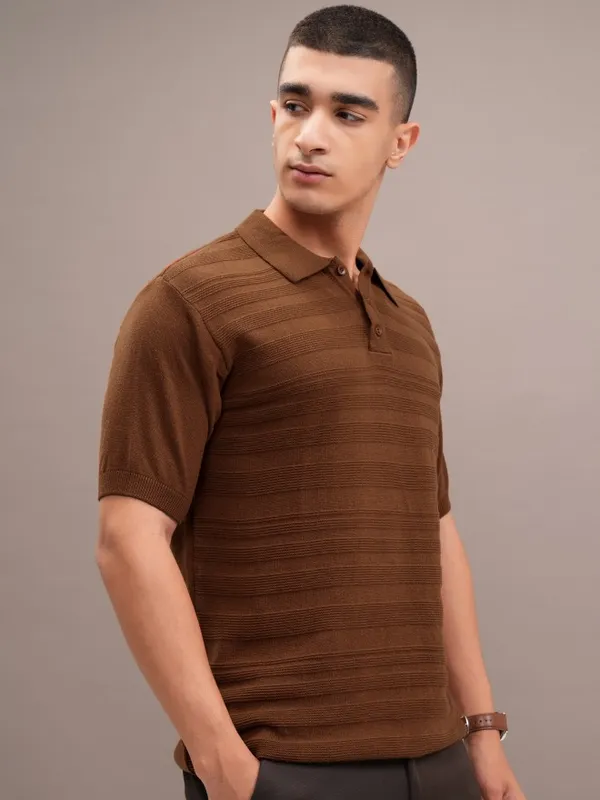 Highlander Men Orange Self Design Polo Collar T-Shirt