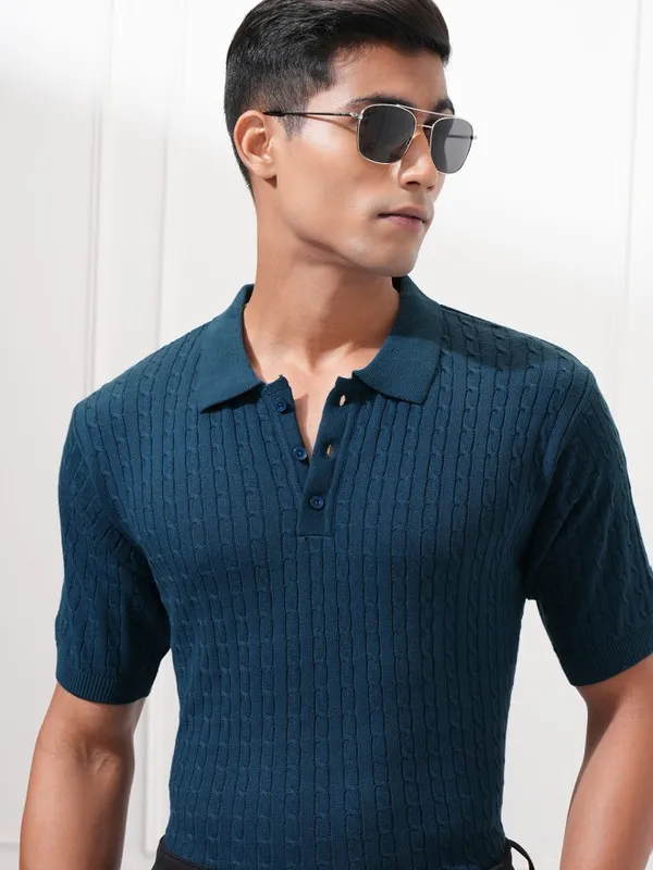 Highlander Men Blue Self Design Polo Collar T-Shirt