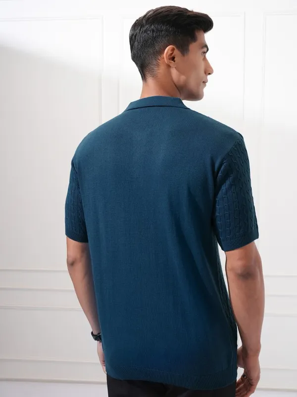 Highlander Men Blue Self Design Polo Collar T-Shirt