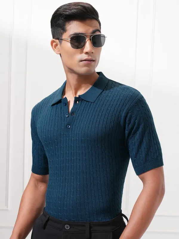 Highlander Men Blue Self Design Polo Collar T-Shirt