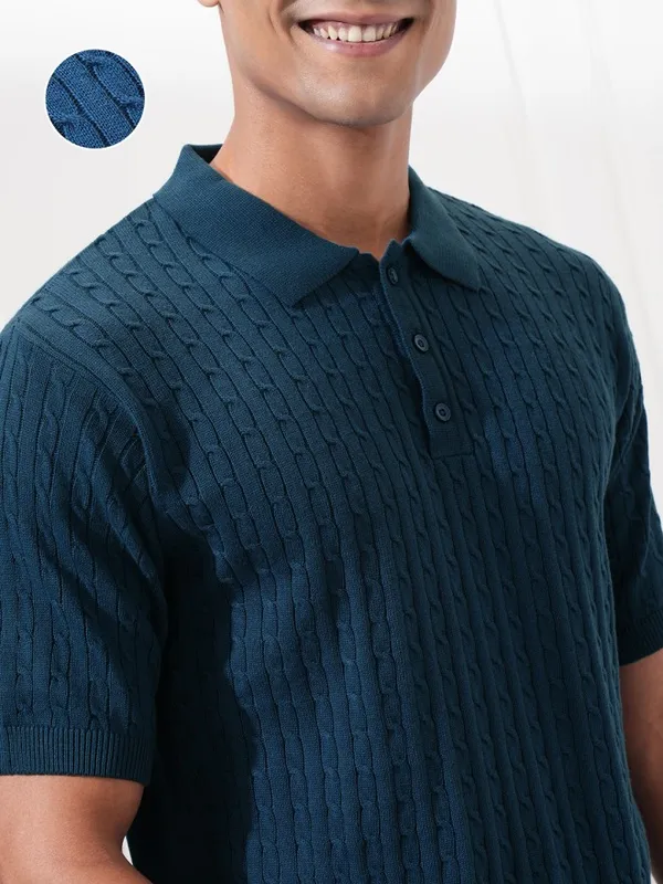 Highlander Men Blue Self Design Polo Collar T-Shirt