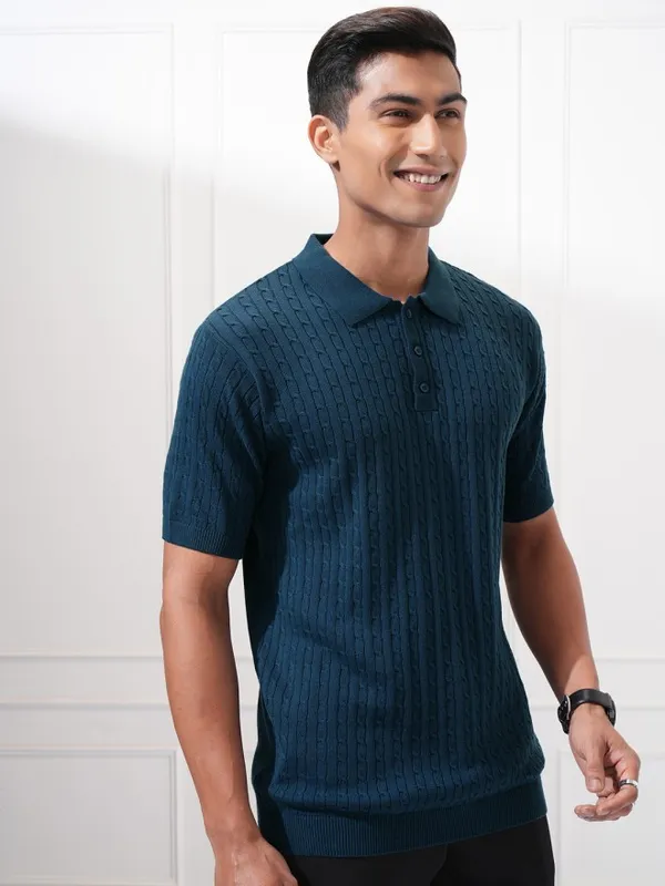 Highlander Men Blue Self Design Polo Collar T-Shirt