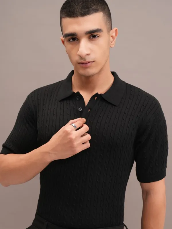 Highlander Men Black Self Design Polo Collar T-Shirt