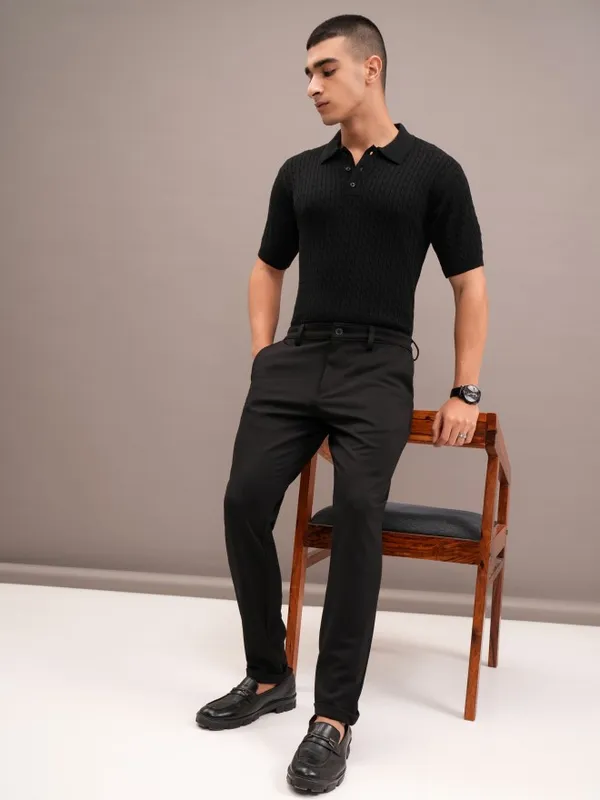 Highlander Men Black Self Design Polo Collar T-Shirt