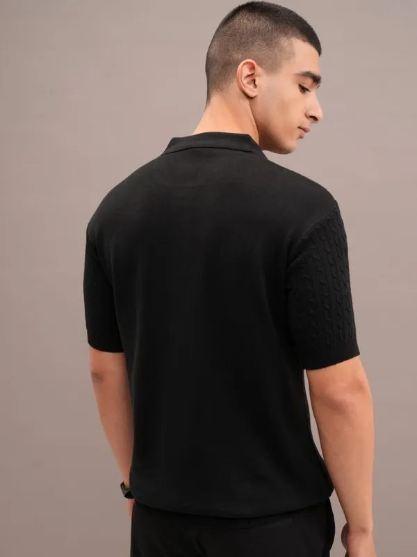 Highlander Men Black Self Design Polo Collar T-Shirt