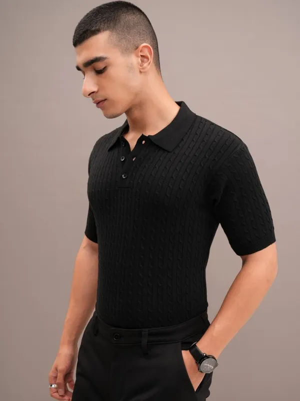 Highlander Men Black Self Design Polo Collar T-Shirt