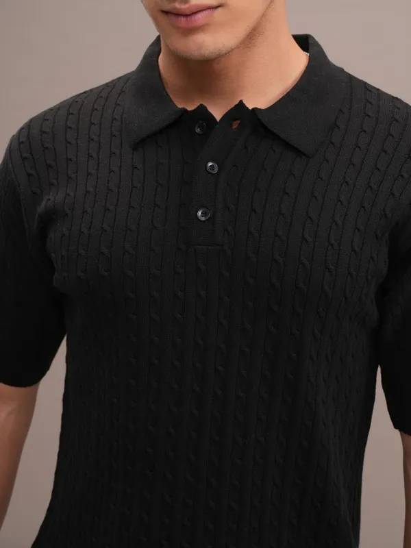 Highlander Men Black Self Design Polo Collar T-Shirt