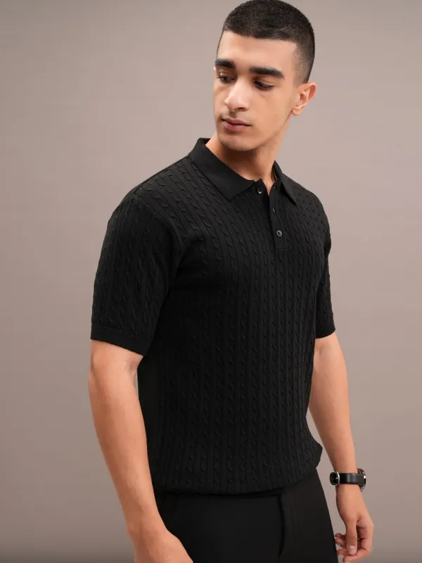 Highlander Men Black Self Design Polo Collar T-Shirt