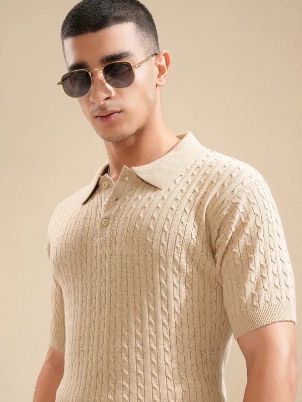 Highlander Men Beige Cable Knit Polo Collar T-Shirt