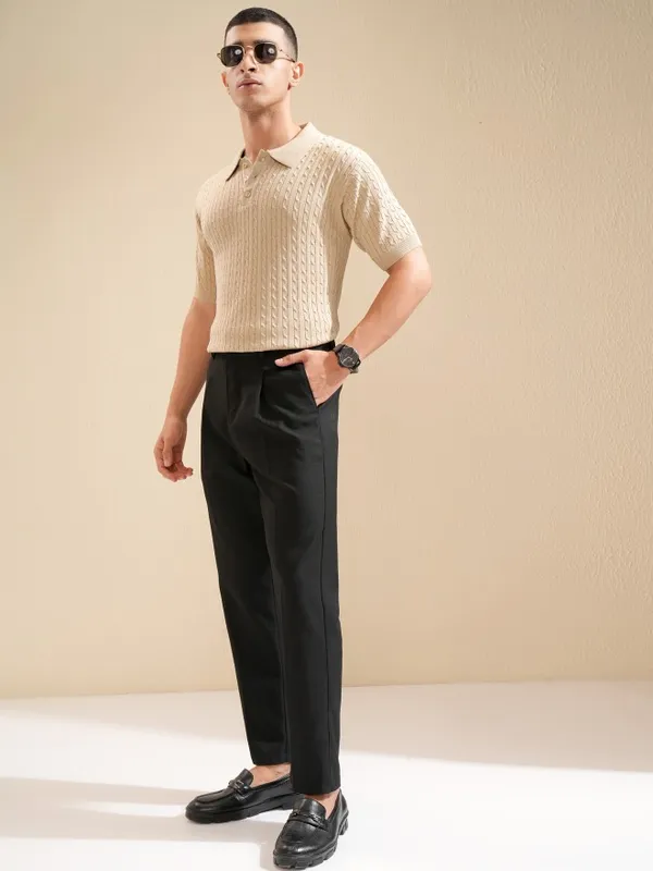 Highlander Men Beige Cable Knit Polo Collar T-Shirt
