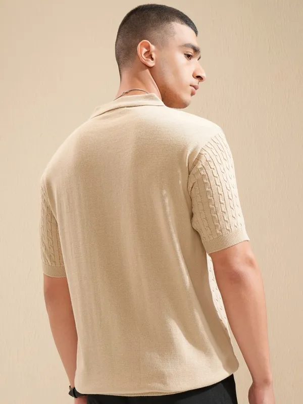 Highlander Men Beige Cable Knit Polo Collar T-Shirt