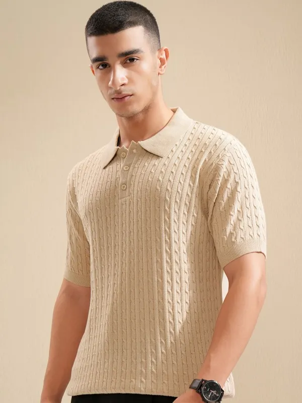 Highlander Men Beige Cable Knit Polo Collar T-Shirt