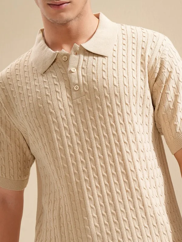 Highlander Men Beige Cable Knit Polo Collar T-Shirt