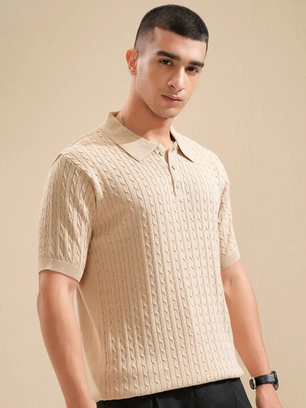 Highlander Men Beige Cable Knit Polo Collar T-Shirt