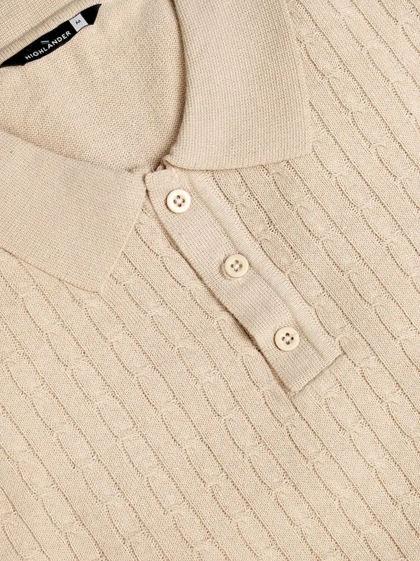 Highlander Men Beige Cable Knit Polo Collar T-Shirt