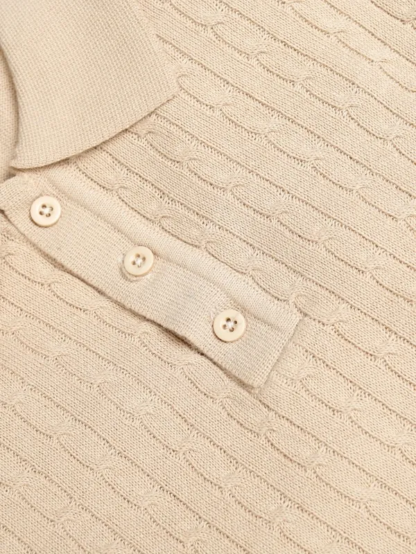 Highlander Men Beige Cable Knit Polo Collar T-Shirt