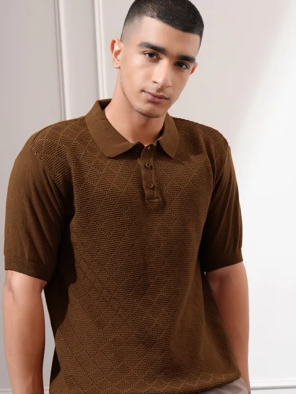 Highlander Men Orange Self Design Polo Collar T-Shirt