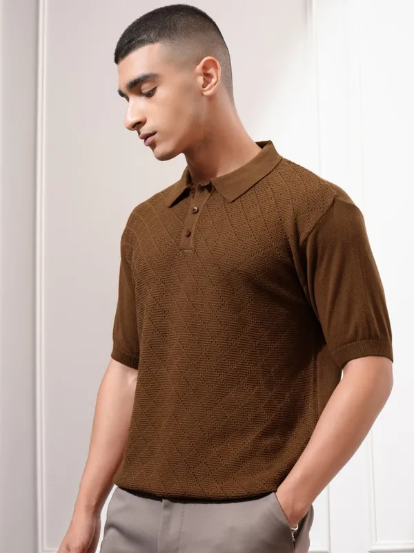 Highlander Men Orange Self Design Polo Collar T-Shirt