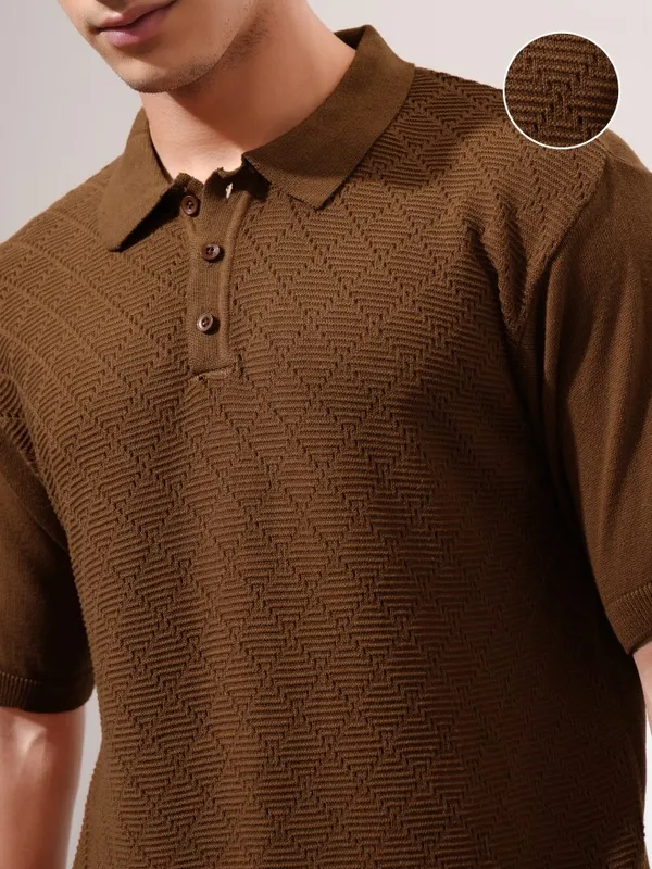 Highlander Men Orange Self Design Polo Collar T-Shirt