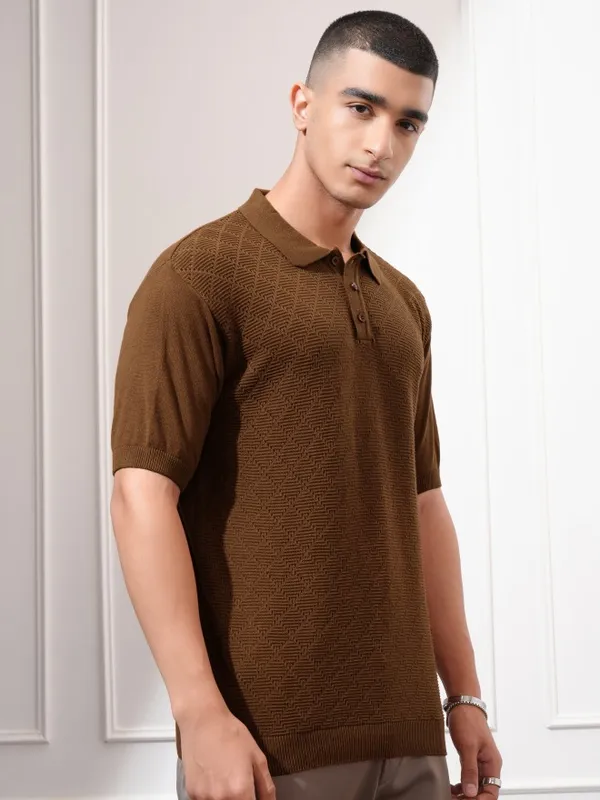 Highlander Men Orange Self Design Polo Collar T-Shirt