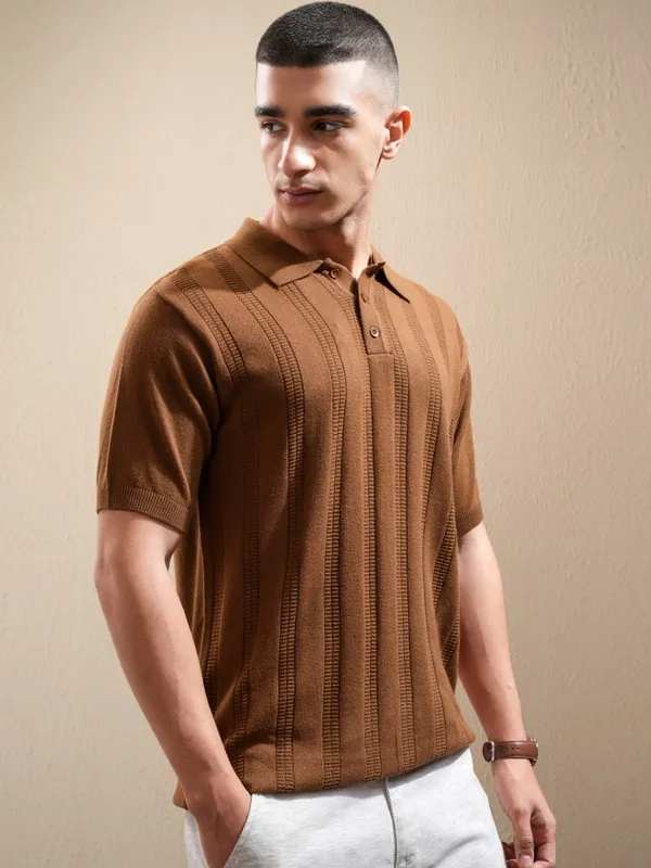 Highlander Men Orange Self Design Polo Collar T-Shirt