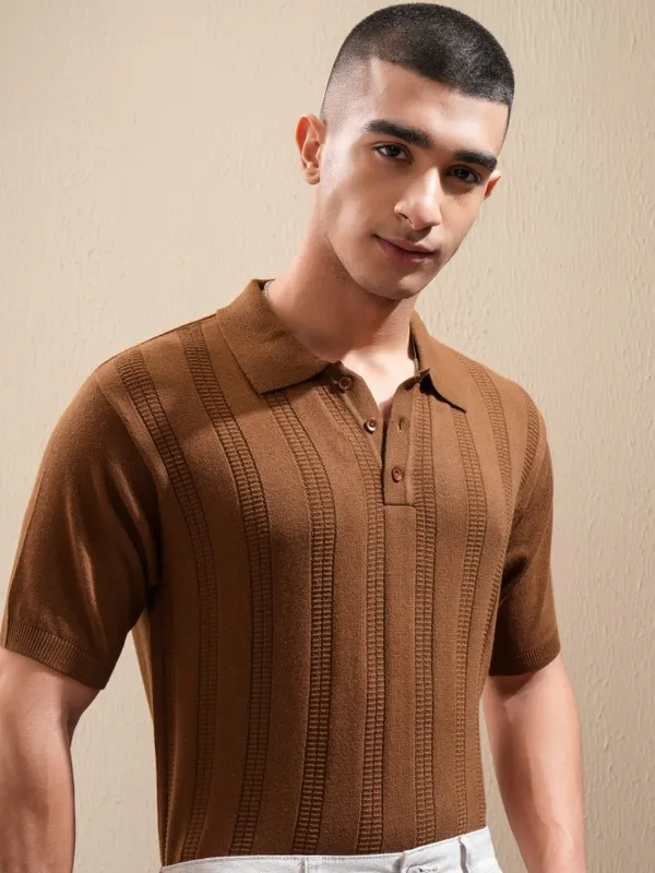 Highlander Men Orange Self Design Polo Collar T-Shirt