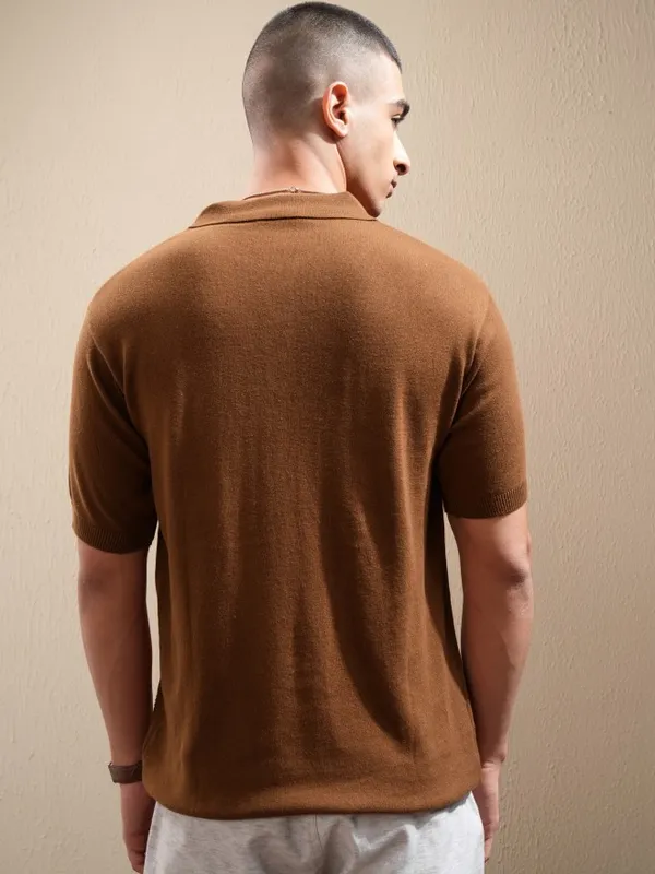 Highlander Men Orange Self Design Polo Collar T-Shirt