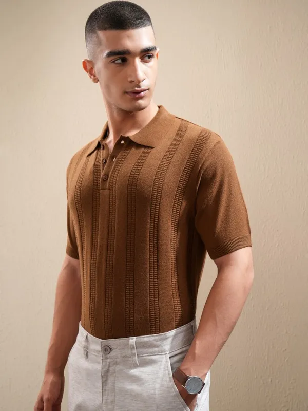 Highlander Men Orange Self Design Polo Collar T-Shirt