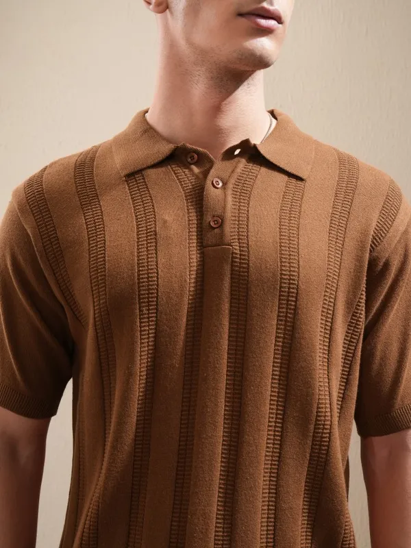 Highlander Men Orange Self Design Polo Collar T-Shirt