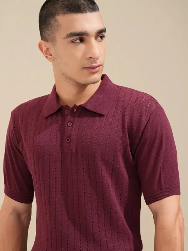 Highlander Men Maroon Self Design Polo T-Shirt