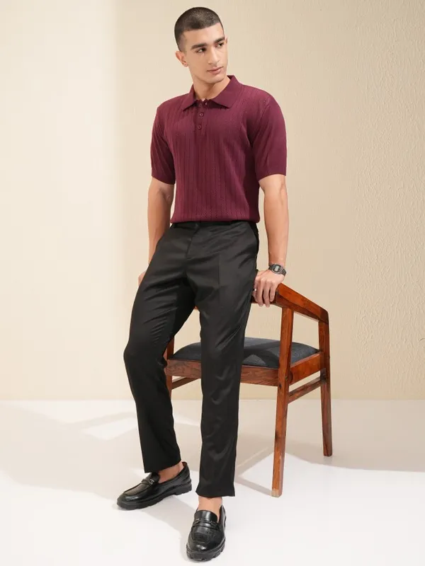 Highlander Men Maroon Self Design Polo T-Shirt