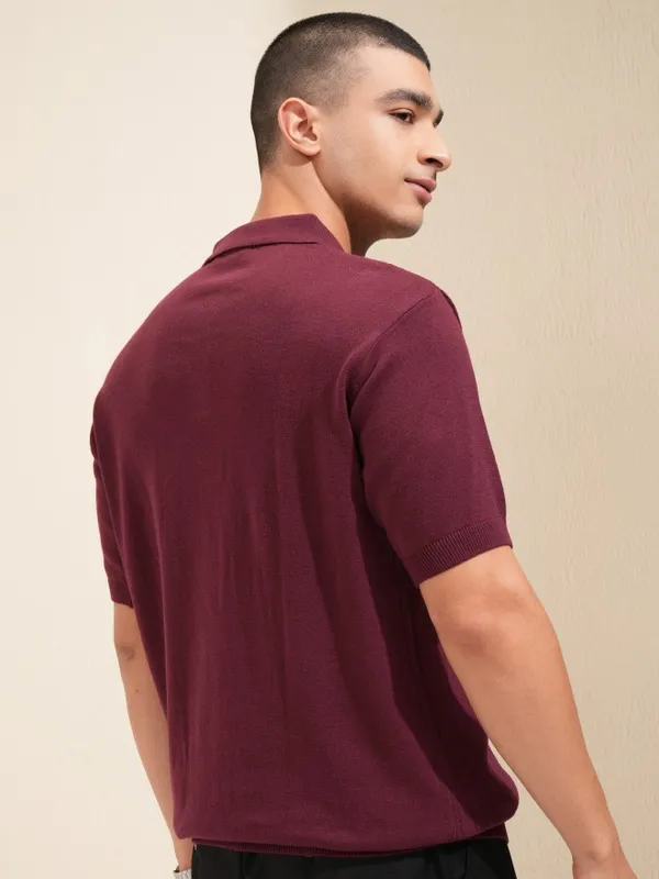 Highlander Men Maroon Self Design Polo T-Shirt