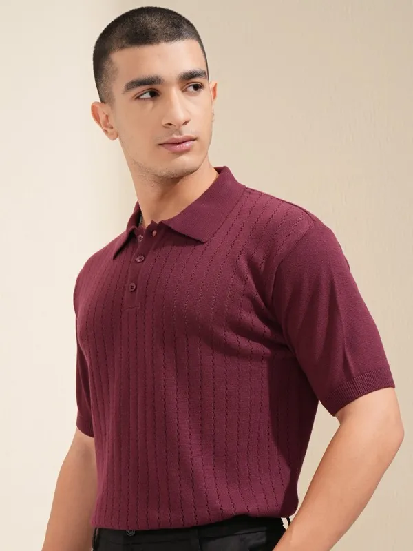 Highlander Men Maroon Self Design Polo T-Shirt
