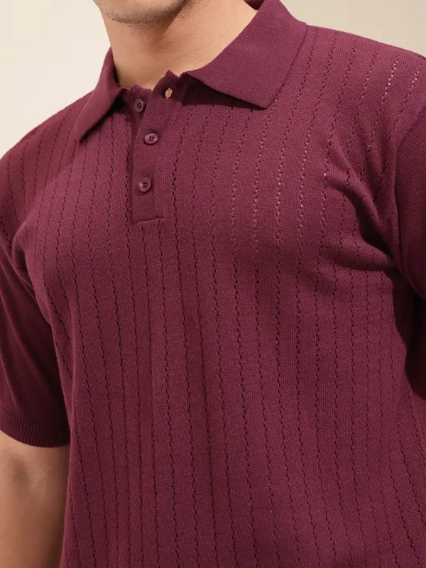 Highlander Men Maroon Self Design Polo T-Shirt