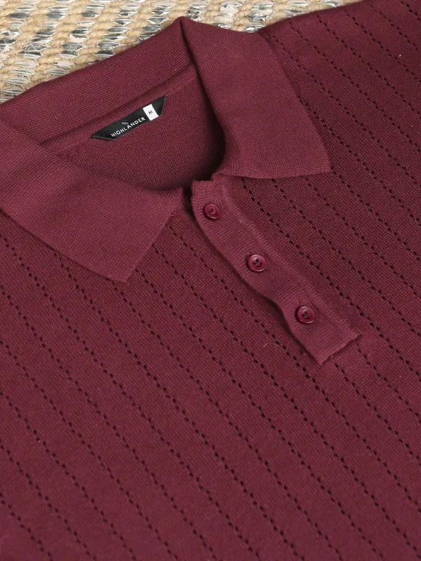 Highlander Men Maroon Self Design Polo T-Shirt